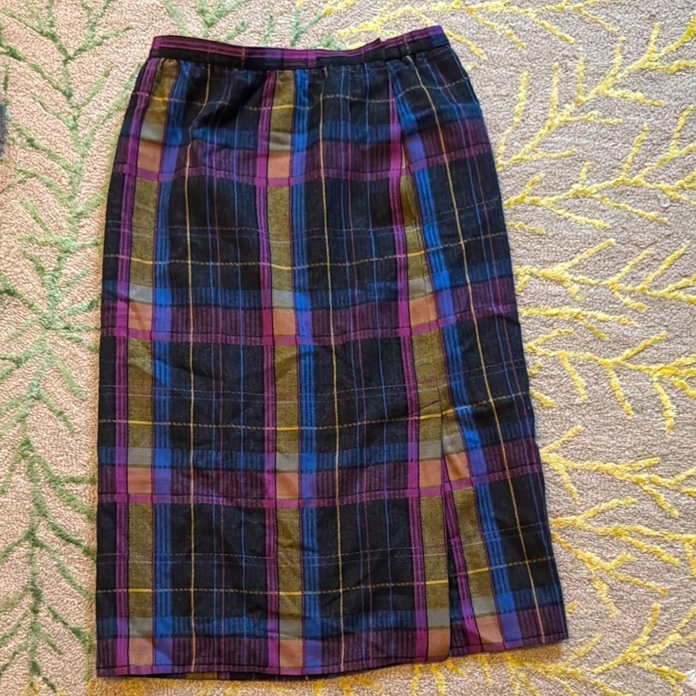 American made 100% wool plaid knee length pocket straight skirt 12